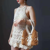 Women Handbag Cotton Rope Woven Bag Portable Small Bag Hollow Out Beach Holiday