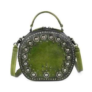 Retro Rivet Round Handbag Cowhide One-shoulder Diagonal Handbag