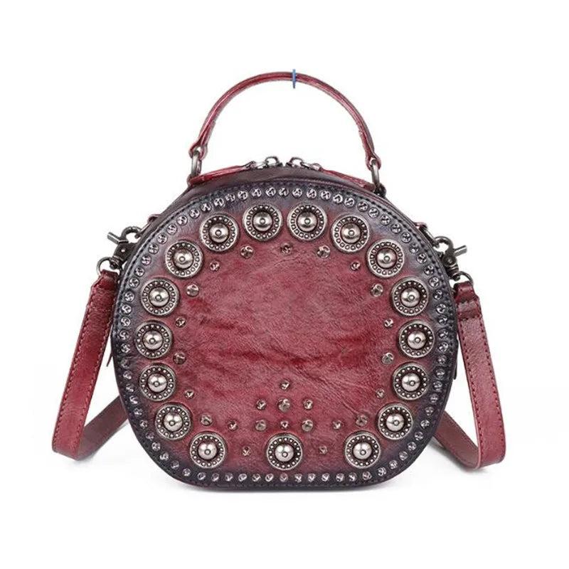 Retro Rivet Round Handbag Cowhide One-shoulder Diagonal Handbag
