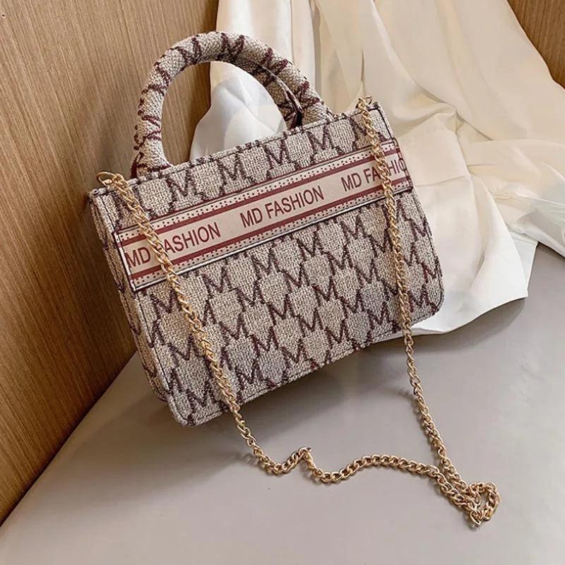 Letter Embroidery Shoulder Handbag with Chain - Large Capacity Tote Bag