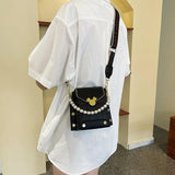 Stone Pattern Leather Crossbody Bags For Women Beading Chain Shoulder Bag