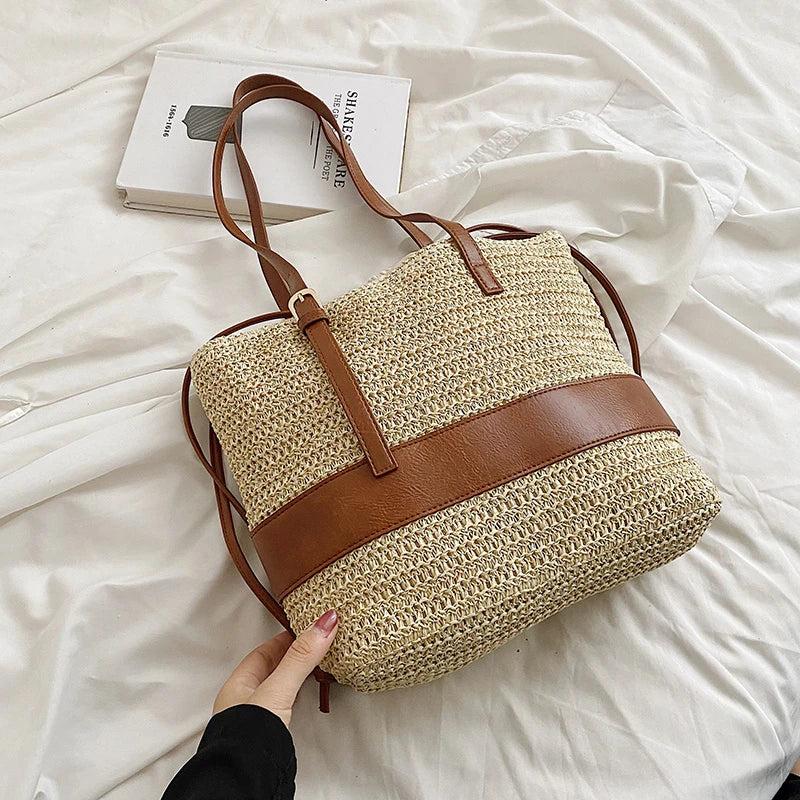 Rattan Woven Handbag Travel Shopper Casual Beach Shoulder Side Bag