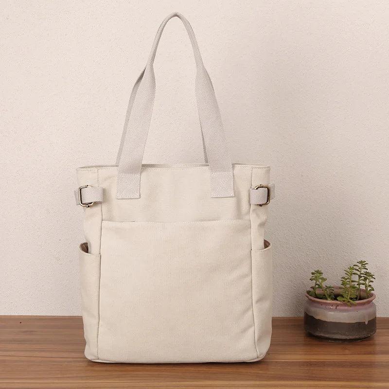 Canvas Tote Shoulder Bag Large Casual Handbag Zipper Khaki Rice