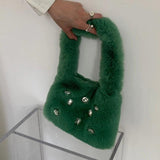 Fluffy Shoulder Bags Women Diamond Solid Plush Handbag Female Warm Fur Bag