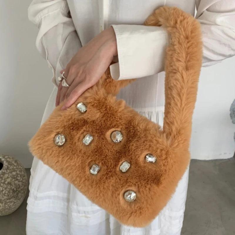 Fluffy Shoulder Bags Women Diamond Solid Plush Handbag Female Warm Fur Bag
