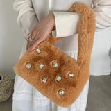 Fluffy Shoulder Bags Women Diamond Solid Plush Handbag Female Warm Fur Bag