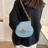 Trendy Women's Stripe PU Leather Handbag with Solid Chain Saddle Shoulder Bag
