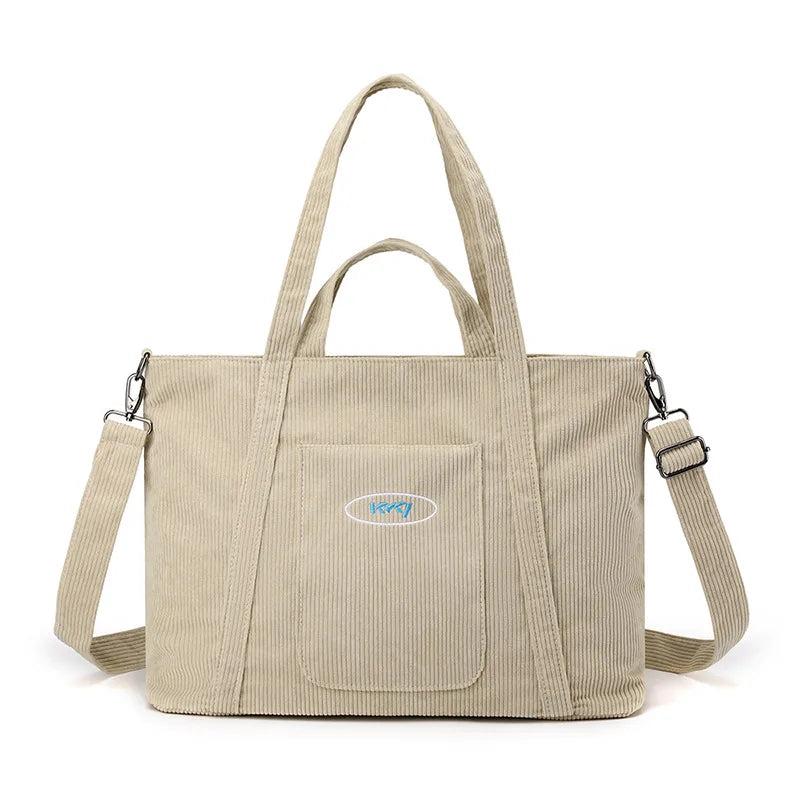 Corduroy Handbag Tote Shopping Bag Zipper Large Casual Shoulder Bags for Women
