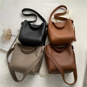 Vintage Wide Strap Bucket Shoulder Bag Large Capacity Crossbody Women