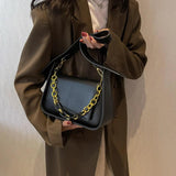 LEFTSIDE Vintage Saddle Crossbody Bag PU Leather Chain Solid Shoulder Handbag