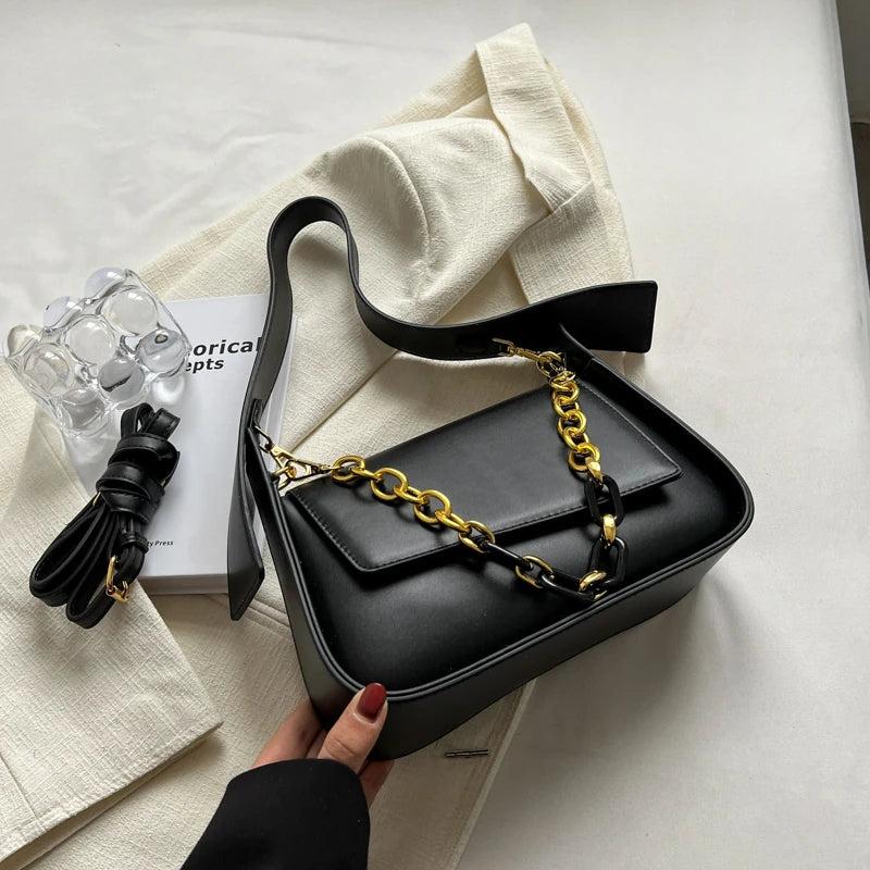 LEFTSIDE Vintage Saddle Crossbody Bag PU Leather Chain Solid Shoulder Handbag