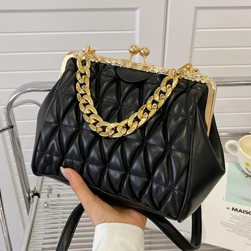 Beige Shoulder Bag Thick Chain Sling Fold Clutch