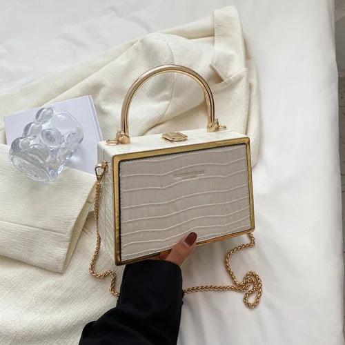Stone Box Bags Metal Handle Women Handbag Shoulder Messenger Bag