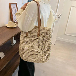 Women's Large Rattan Straw Beach Bag Tote Handbag