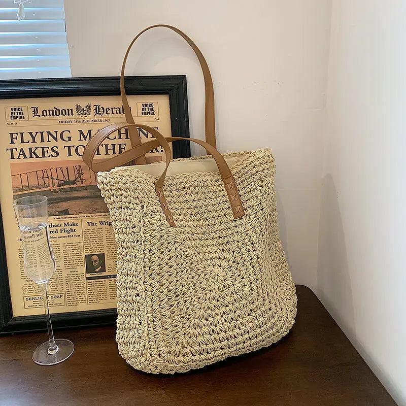 Women's Large Rattan Straw Beach Bag Tote Handbag