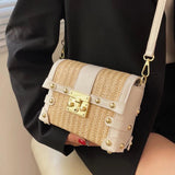 Small Square Rivet Straw Crossbody Bags for Women
