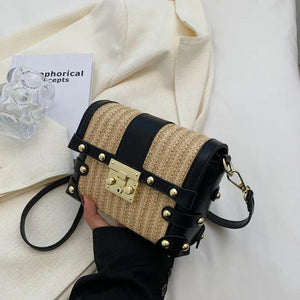 Small Square Rivet Straw Crossbody Bags for Women