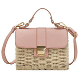 Straw Woven Women Shoulder Bags Leather Splice Straw Crossbody Bags