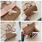 Straw Woven Women Shoulder Bags Leather Splice Straw Crossbody Bags