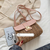Straw Woven Women Shoulder Bags Leather Splice Straw Crossbody Bags