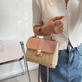 Straw Woven Women Shoulder Bags Leather Splice Straw Crossbody Bags