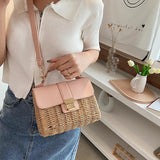 Straw Woven Women Shoulder Bags Leather Splice Straw Crossbody Bags