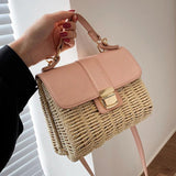Straw Woven Women Shoulder Bags Leather Splice Straw Crossbody Bags