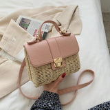 Straw Woven Women Shoulder Bags Leather Splice Straw Crossbody Bags