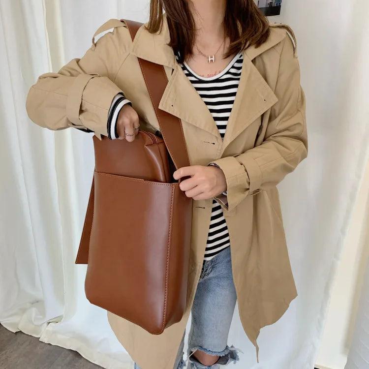 Women Casual Solid Large Capacity Bucket Bags PU Leather Messenger Bags