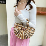 Straw Weaving Beach Bag Vintage Beaded Top Handle Shoulder Bag