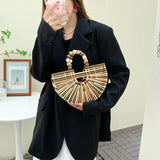 Straw Weaving Beach Bag Vintage Beaded Top Handle Shoulder Bag