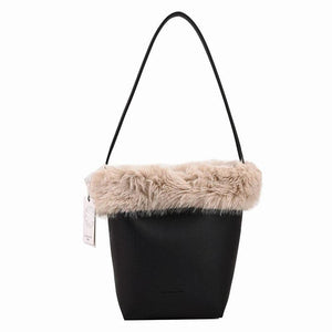 Winter Vintage Bucket Shoulder Bags for Women PU Faux Fur 2pcs/set Handbags