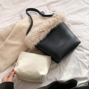Winter Vintage Bucket Shoulder Bags for Women PU Faux Fur 2pcs/set Handbags