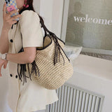 Women Straw Beach Bag Bohemian Tassel Handbag Summer Casual Shoulder