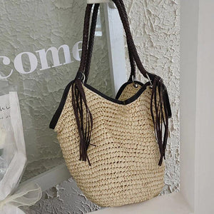 Women Straw Beach Bag Bohemian Tassel Handbag Summer Casual Shoulder