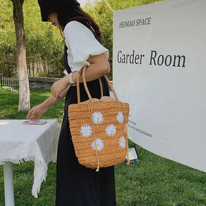 Women Embroidered Lemon Straw Basket Bags Summer Beach Shoulder Bags