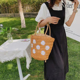 Women Embroidered Lemon Straw Basket Bags Summer Beach Shoulder Bags