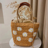 Women Embroidered Lemon Straw Basket Bags Summer Beach Shoulder Bags
