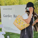 Women Embroidered Lemon Straw Basket Bags Summer Beach Shoulder Bags