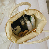 Women Embroidered Lemon Straw Basket Bags Summer Beach Shoulder Bags