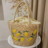 Women Embroidered Lemon Straw Basket Bags Summer Beach Shoulder Bags