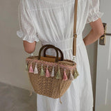 Summer Women's Tassels Straw Shoulder Bag Weaving Handbags Beach Tote