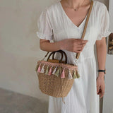 Summer Women's Tassels Straw Shoulder Bag Weaving Handbags Beach Tote