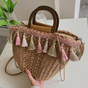 Summer Women's Tassels Straw Shoulder Bag Weaving Handbags Beach Tote
