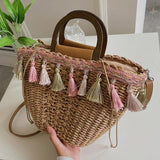Summer Women's Tassels Straw Shoulder Bag Weaving Handbags Beach Tote