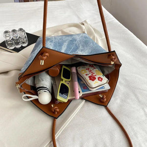 Vintage Women Big Tote Bucket Bag Brown PU Leather Crossbody Bags