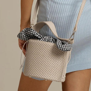Summer Female Leather Knot Straw Bag Bucket Shoulder Handbag