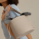 Summer Female Leather Knot Straw Bag Bucket Shoulder Handbag