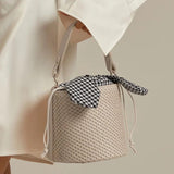 Summer Female Leather Knot Straw Bag Bucket Shoulder Handbag