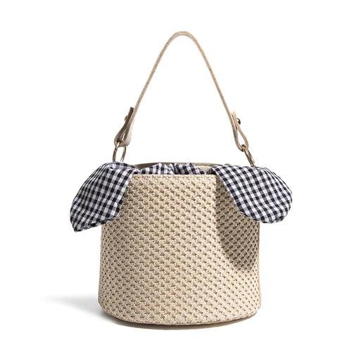 Summer Female Leather Knot Straw Bag Bucket Shoulder Handbag